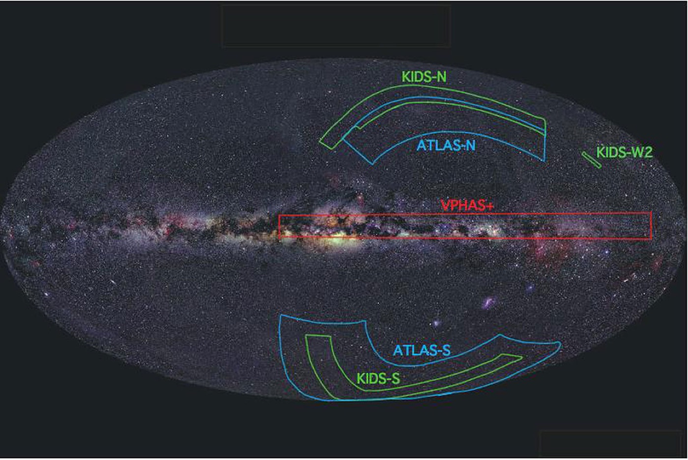 Coverage of the surveys carried out with the VST telescope, plotted on a map of the whole sky.